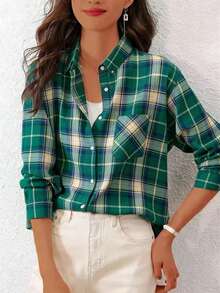 Women's Front Button Long Sleeve Pocket Plaid Casual Shirt Spring - Green - View 6