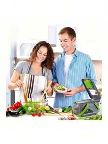 14件套蔬菜切碎器、多功能水果切片器、手柄式食物绞肉机、蔬菜切割器、容器切割工具、带可更换刀片的洋葱切碎器、自制土豆丝器、厨房小工具 - 白色切片器 - 查看 3