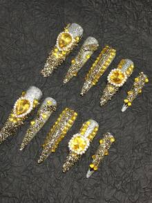 10 piezas de 5,5 cm de armadura de mano pura prensada, usando plata fina como color base, joyería de uñas con grandes gotas de agua, diamantes cuadrados, diamantes rotos, el diseño general está lleno de belleza, adecuado para fiestas, manicura, kits gratuitos, reutilizable - Multicolor - Ver 4