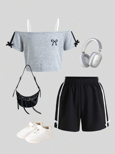 2pcs Girls Casual Butterfly Print Pattern Bow Decor Camisole Top And Bow Decor Shorts Set, Summer