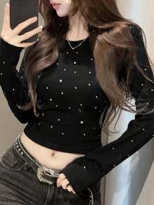 Rhinestone Decor Round Neck Long Sleeve Cropped T-Shirt For Women, Early Autumn - Black - View 1