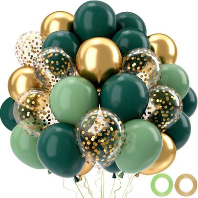 33PCS/Sage Green And Gold Balloons Set, 10/12 Inch Dark Olive Green Metallic Golden Balloon With Gold Confetti Balloon For Jungle Theme Birthday Party Decoration Anniversary Baby Shower Christening