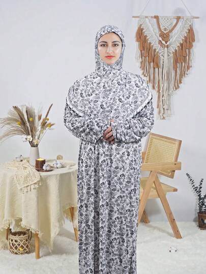 Women's Muslim Floral Print Abaya, Middle Eastern Ramadan Chic Maxi Dress, Versatile Kaftan For Daily Life & Prayer, All-Season Wear