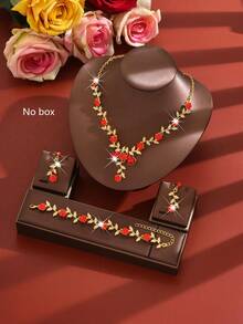 Bộ trang sức đính đá lấp lánh thời trang dự tiệc cưới sang trọng dành cho nữ, trang sức dạ hội, phụ kiện trang sức - Đỏ - Xem 2