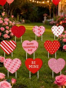 9个心形花园标牌，带支架，情人节庭院标牌，带有心形图案、文字和各种“情人节快乐”户外装饰，适用于婚礼、节日、花园、草坪、露台、小径装饰 - 彩色 - 查看 4