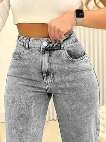 Women's Pocket Straight Loose Casual Versatile Jeans Spring - Grey - View 5