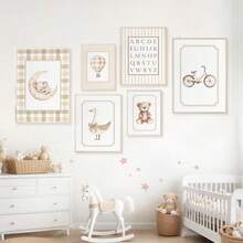 1 Stück Leinwandkunst, neutrale Stil Kinderzimmer Galerie Wanddekoration, sanftes beige Kinderzimmer Dekoration Teddybär Muster Entchen Thema Vintage Reise-Stil Buchstaben Poster - gerahmte Kinderzimmer Wandkunst, Mädchen Kinderzimmer Wanddekoration, Baby Mädchen, Baby Jungen, Mädchen Schlafzimmer Mädchen Kinderzimmer Dekorative Kunst, Baby Produkte Kinderzimmer Poster - Verschiedenfarbig - Übersicht 2
