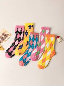 5 Pairs Retro Diamond Geometric Pattern Sports Socks, 1 Pair Of Each Color In The Set