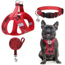 BINGPET 犬 ハーネス 首輪 リードセット 胴輪 小型犬 犬用ハーネス チェックデザイン ハンドル付き メッシュ素材 身体に優しい ベスト 反射材付き 調節可能 お散歩 着脱簡単 引っ張り防止 人気 おしゃれ 可愛い ベージュ XS - XS+レッド - チェックする 1