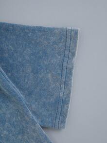 Ladies Plus Size Vintage Print T-Shirt, Summer Casual Short-Sleeved Round Neck T-Shirt, Suitable For Parties, Dates, Everyday Valentine's Day Wear, Summer Daily Wear, Wash Texture, Printed T-Shirt - Blue - View 4