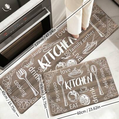 1件/3件装厨房地垫，750克水晶绒防滑吸水地毯，长款厨房地毯，底部带橡胶，可机洗，现代简约北欧风格，厨房主题印花，多种颜色可选（黑色/灰色/木纹/蓝绿色），柔软厚实，不起球，适用于炉灶、水槽、餐桌区域，防油、防水、防滑，孕妇和老人适用，提升厨房格调