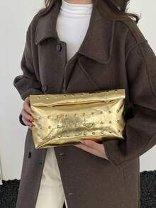 1 chiếc túi xách thời trang màu trơn, chất liệu PU, dung tích lớn, nắp gập có khóa nam châm, hình vuông, họa tiết da cá sấu, túi xách nữ đa năng dùng cho tiệc tùng, buổi tối, phù hợp cho phụ nữ đi du lịch và mua sắm. - Vàng - Xem 10