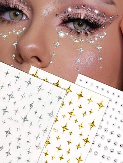 一套多件装的金色和银色亮片贴片图案 + 银白色水钻面部和眼角装饰贴纸，闪亮 DIY 音乐节妆容、化装舞会和眼妆装饰，化妆工具配件