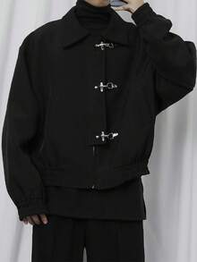 Hebilla de avión retro americano, nueva chaqueta casual holgada para hombres y mujeres - Negro - Ver 2