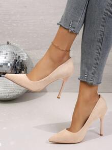 大码女士高跟鞋，10厘米超高尖头皮革鞋面细高跟，适合派对和正式场合的时尚经典高跟鞋，猫跟鞋 - 杏色 - 查看 2