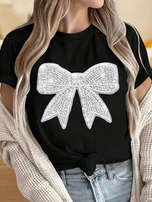 White T-Shirt With Rhinestone Bow Design Women's Casual Top Short Sleeve Round Neck Blouse Fashion Statement PieceWomen's T-Shirt With Round Neck And Short Sleeves, With Fun Printing On Valentine's Day Theme, Suitable For Christmas Partysports Activityholiday Partyoutingdatingsports Daily Leisureholiday Gift Occasions (220g). - 白色 - 查看 1
