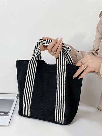 1pc Simple Striped Tote Bag, Unique Bow Design Canvas Bag, Casual Colorblock Lunch/Grocery Bag, Suitable For Students, Moms, Daily Use, Unisex