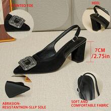 Modne, eleganckie czółenka damskie na wysokim obcasie, ze szpiczastym noskiem, czarne, zdobione kryształkami, na grubym obcasie - Czarne - Zobacz 2