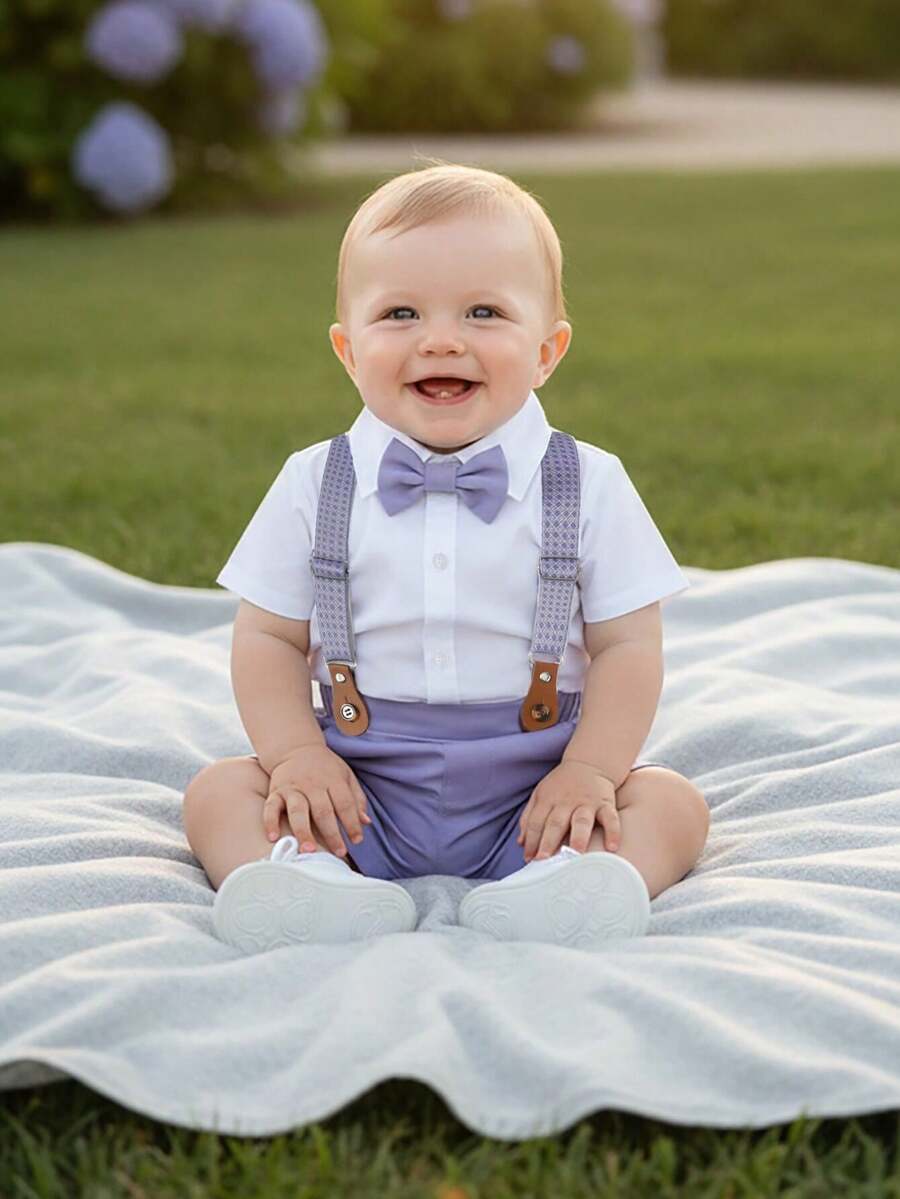 BOARNSEORL 两件套男婴绅士套装，衬衫配领结和紫色背带裤，时尚可爱，适合生日派对、婚礼、洗礼等场合。 - 紫色 - 查看 1
