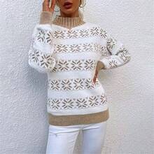 Suter de copo de nieve de Navidad para mujer, de manga larga, liso con tela de punto suave para fiestas de da festivo o reuniones - Caqui + CH - Ver 3