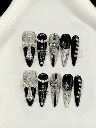 10PCS Long Stiletto Handmade Press On Nails For Party And Daily Wear,Black Nail ,Darkly, Easy To Wear 10pcs Y2K Handmade Press On Nails,Shining Bright ,Suitable For Girls And Women Festivals Parties And Daily Wear