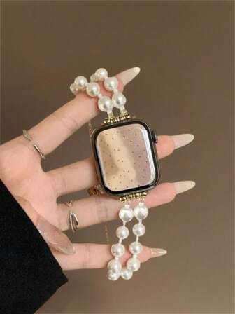 Elegant Apple-Themed Pearl Bracelet Watch Band With Secure Two-Step Clasp | Sparkling Beads & Cute Apple Charm, Compatible With Apple Watch Ultra/SE/Series 11/10/9/8/7/6/5/4/3/2/1 | Adjustable Fit For 38mm 40mm 41mm 42mm 44mm 45mm 46mm 49mm