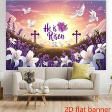 2D Flat Banner One Of His Resurrected Christian Easter Banners Features A Vibrant Sunset And Cross Design With Purple Flowers And Lilies, Made Of Polyester Fiber Material, Suitable For Church Homes - 1 - View 3