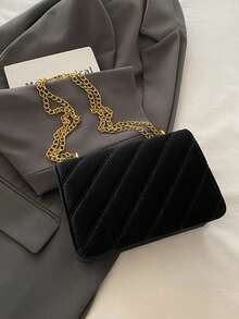 1个黑色菱格纹链条单肩包，小号方形斜挎包，天鹅绒材质，配金属链条肩带和五金搭扣装饰 - 黑色 - 查看 5