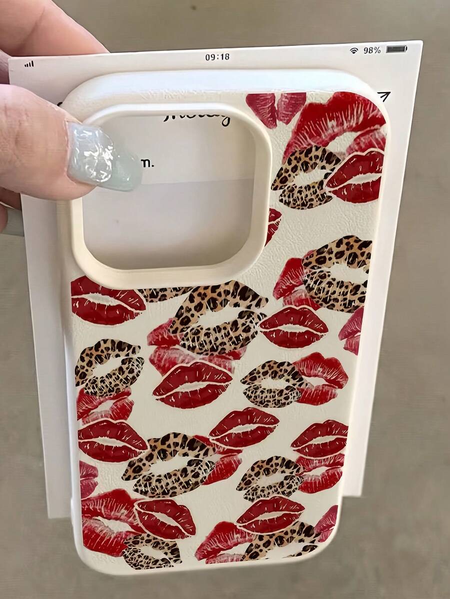 1 件装白色豹纹红唇极简全包覆 TPU 防震手机壳,兼容 Apple 17、16、15、14、13、12、11 Pro Max、Air 和 Series 系列 - 彩色 - 查看 1