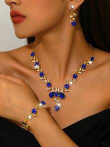 奢华婚礼派对女士礼服水钻装饰珠宝时尚闪亮项链耳环套装，舞会礼服珠宝配饰 - 藍色 - 查看 5
