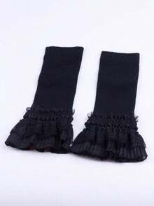 1pair Fashionable High Elasticity Fingerless Arm Warmer Gloves, Double Layer Lace Decor False Sleeves, Knitted Cuff Cover For Women And Girls Clothing Accessories Dress Up, Black & White Cold Gloves Valentine's Day Valentines - 黑色 - 查看 4