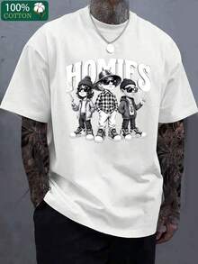 Men's 100% Cotton Streetwear T-Shirt With Cool Homies Graphic Print - Oversized Round Neck Short Sleeve Tee, Loose Fit Casual Shirt For Hip-Hop Style & All-Season, Youthful Street Style Essential - 白色 - 查看 7