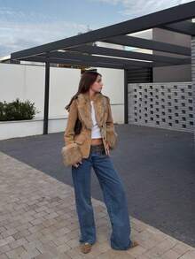 Damen Farbblock Langarm Jacke mit Kunstfell Kragen, vielseitig einsetzbar, Winter - Kamelfarben - Übersicht 6