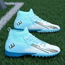 1 Par de Chuteiras de Futebol Unissex, Adequadas para Grama Sintética Externa, Campos de Treinamento Indoor, Esportes Coletivos Profissionais, Com Cadarço, Sola de Borracha Antiderrapante, Design Leve e de Alto Desempenho, Chuteiras de Futebol Populares Direto da Fábrica - Azul claro branco - Ver 5