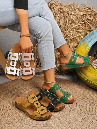Sandalias planas con hebilla de estilo bohemio y de vacaciones de unicolor para mujer de talla grande