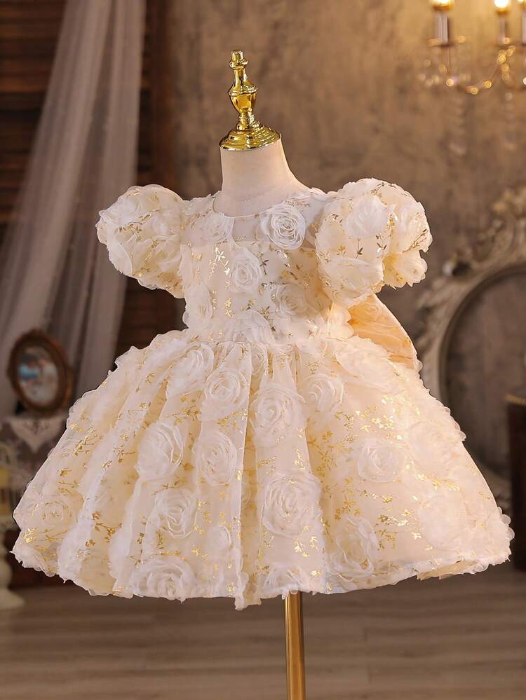 فستان فتيات صغيرات مطبوع بالذهب بزخرفة زهرية ثلاثية الأبعاد مع فيونكة كبيرة وتنورة فضفاضة، مناسب لفتاة الزهور في حفلات الزفاف وأعياد الميلاد والعروض المسرحية والمناسبات الهامة الأخرى، مناسب لمختلف المناسبات الهامة، مناسب للاستخدام الداخلي والخارجي، وأيضًا مناسب للارتداء اليومي. - لون شمبانيي - مشاهدة 1