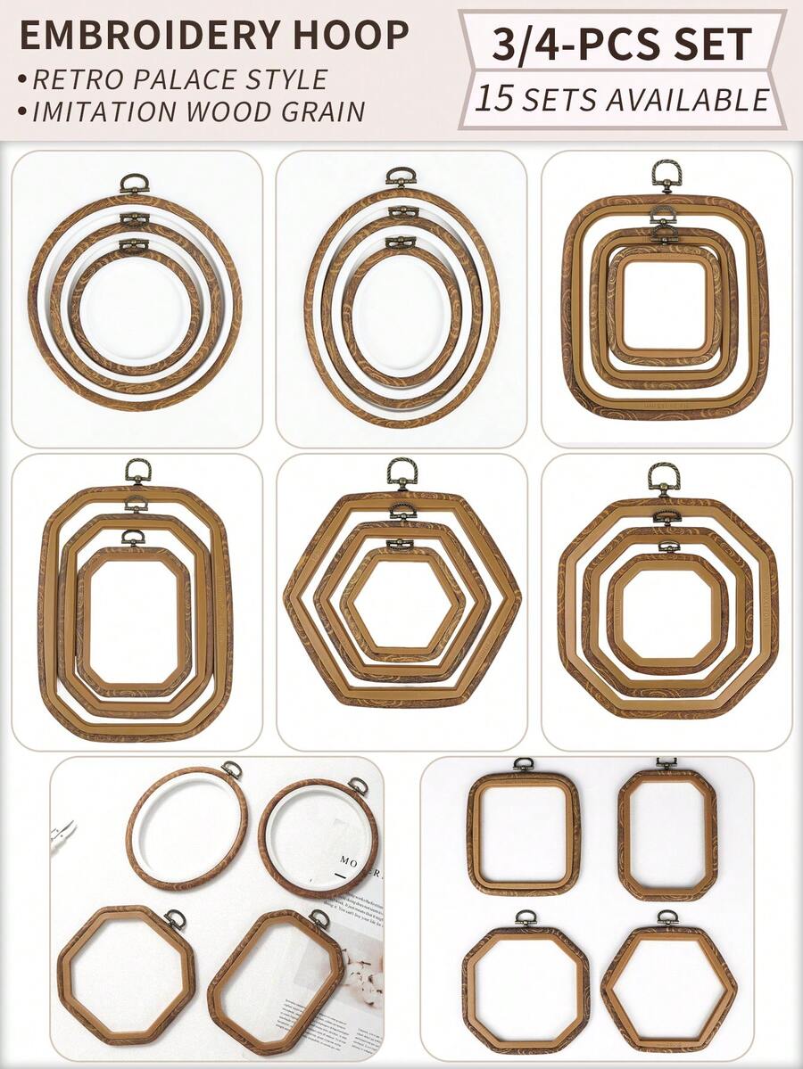 Multiple Pieces Vintage Palace Style Faux Wood Grain DIY Embroidery Hoops, Embroidery Frames, Embroidery Stretcher Bars, Dreamcatcher Wind Chime Hanging Rings, Made Of Durable ABS And PVC, With Bronze Metal Hooks For Hanging, Can Be Used As Bag, Clothing, Phone, Key Chain Decorations, Halloween, Christmas Decor, Desk, Bedside Ornaments, Car Hanging Accessories - Brown - View 1