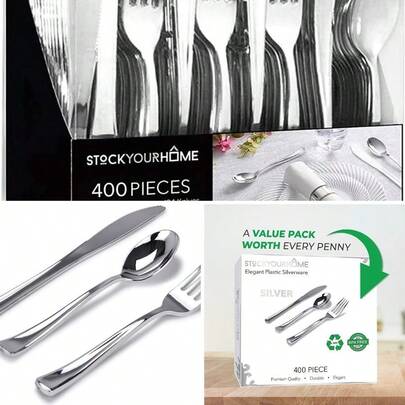 Silver Plastic Silverware Set (400 - Pack) - Disposable Heavy Duty Cutlery, 134 Forks, 134 Knives, 134 Spoons Parties, Weddings, Dinners Holidays