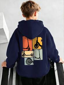 1pc Tween Boy Casual Printed Pullover Sweatshirt, Thermal Lined, Long Sleeve, Autumn/Winter - Navy Blue - View 8