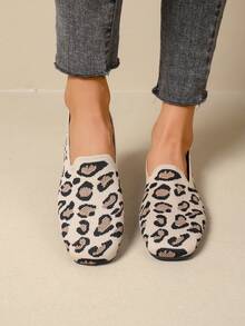 Leopard Print Flat Loafers For Women, Soft Sole Slip-On Casual Breathable Woven Shoes - Khaki - View 15