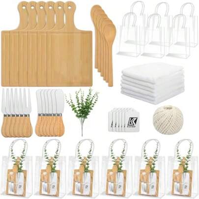 55 Piezas-6 Sets de Tablas de Quesos de Bambú con Cucharas Tenedores Espátulas Toallas a Cuadros Tarjetas de Agradecimiento y Bolsas de Regalo Ideal para Baby Shower Bodas y Regalos de Cumpleaños