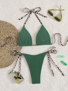 2pcs Minimalist Sexy Halter-Tie Leopard Print Women's Bikini Swimsuit - Dark Green - View 2