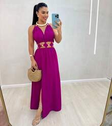 Women's Long Dress With Cutouts And Side Slit, Elegant And Premium Finish. Long Dress With Two Neckline Styles And Side Slit. Features Cutouts, A Slit, And A Tie At The Neckline. Elegant, Casual, Party, Split Fabric, Side Opening, Bare Back, Drawstring Tie. 2-In-1. Suitable For: Beach, Night, Garden, Photoshoot, Street, Birthday Party, Stage And Concert, Bachelorette Party, Travel, Vacation. - 紫紅色 - 查看 4