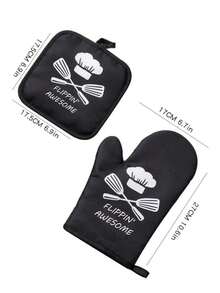 2pcs Printed Heat Resistant Gloves & Printed Heat Resistant Pad, Silicone Insulation Mat - Black - View 2