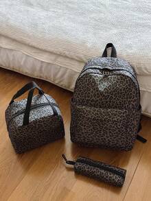 New Corduroy Leopard Print Backpack, Suitable For Elementary, Middle, And High School Students, Fits Laptop - Black - View 3