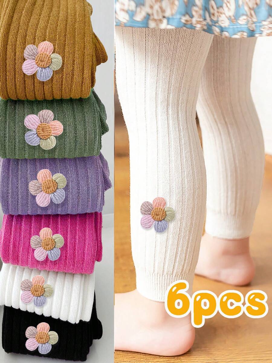 6pcs/Pack Kids Floral Print Ankle Length Tights, Sweet & Cute Style, Bright Color Dopamine Palette, Suitable For Girls Everyday Wear, Spring - Multicolor - View 1