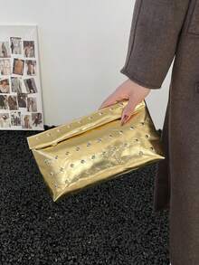 1 chiếc túi xách thời trang màu trơn, chất liệu PU, dung tích lớn, nắp gập có khóa nam châm, hình vuông, họa tiết da cá sấu, túi xách nữ đa năng dùng cho tiệc tùng, buổi tối, phù hợp cho phụ nữ đi du lịch và mua sắm. - Vàng - Xem 8