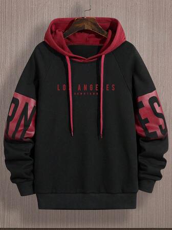 男士撞色字母印花抽绳连帽卫衣，秋季款，长袖上衣