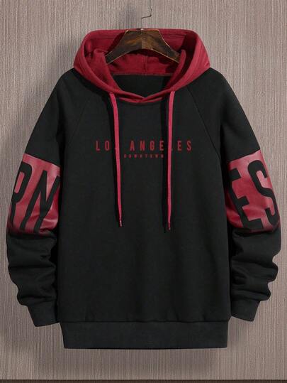 Men Color Block Letter Print Drawstring Hooded Sweatshirt, Fall