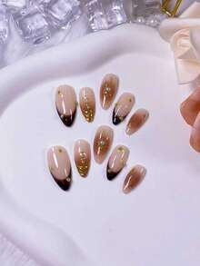 10 Handmade Almond-Shaped Press-On Nails: Amber Leopun Patterns, These Nails Feature Hand-Painted French Tips With Golden Mirror Powder, And Are Embellished With Golden Beads And White Pearls. Designed As Elegant, Romantic And Minimalist Press-On Nails, They Exude A Vibe Of High-End Charm, Sexiness And Understated Luxury. - Multicolor - View 6